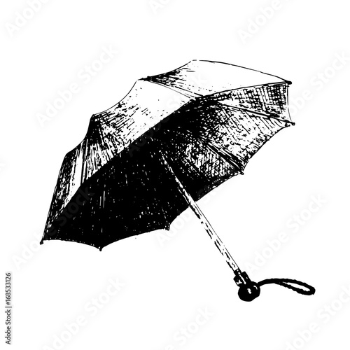 Umbrella, outline vector logo, forecast weather symbol, isolated, drawn vector sketch illustration