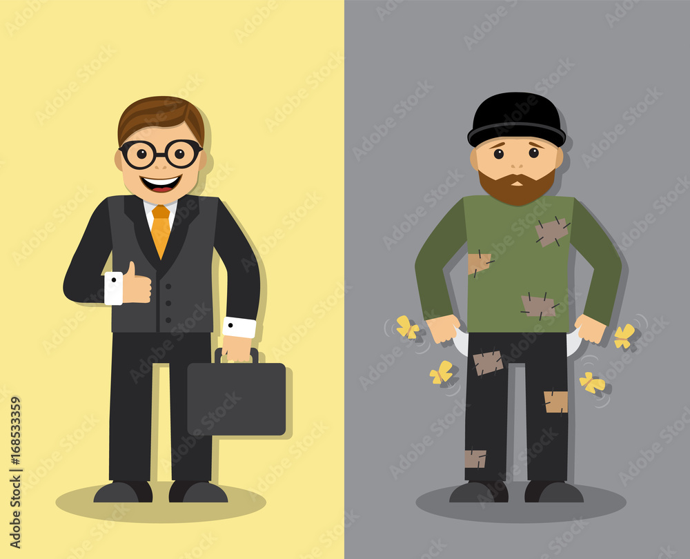 Happy successful businessman and sad homeless man with empty pockets