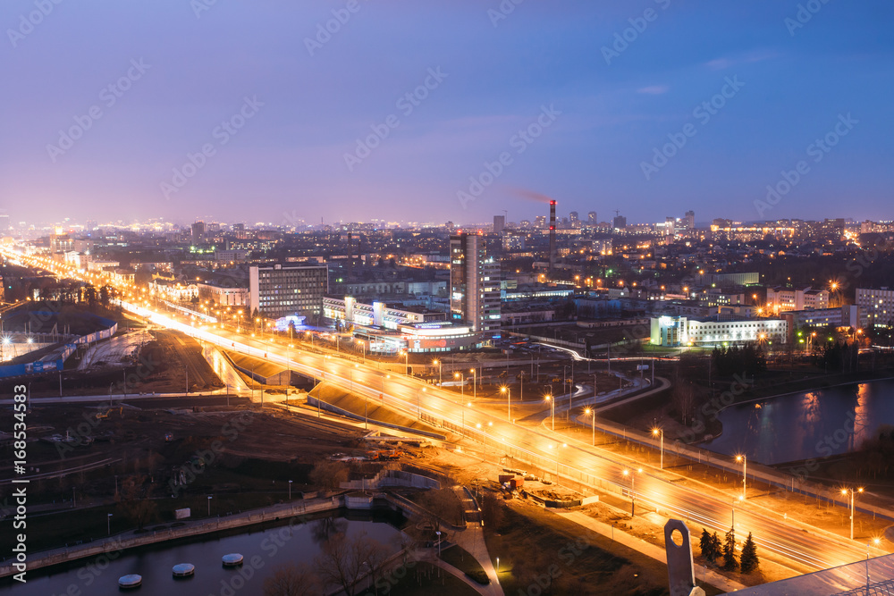 Minsk, Belarus. Aerial View Cityscape In Bright Blue Hour Evening