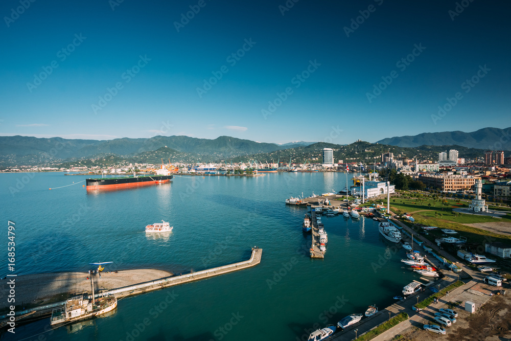 Batumi, Adjara, Georgia. Aerial View Of Port Dock On Sunny Evening