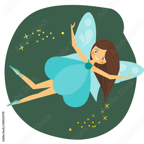 Beautiful flying fairy character with blue wings. Fantasy elf pixie princess spreading fairy dust. Winged girl in cartoon style