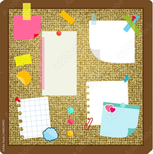 Paper sheets, sticky notes, stickers hanging on cork board. Vector illustration