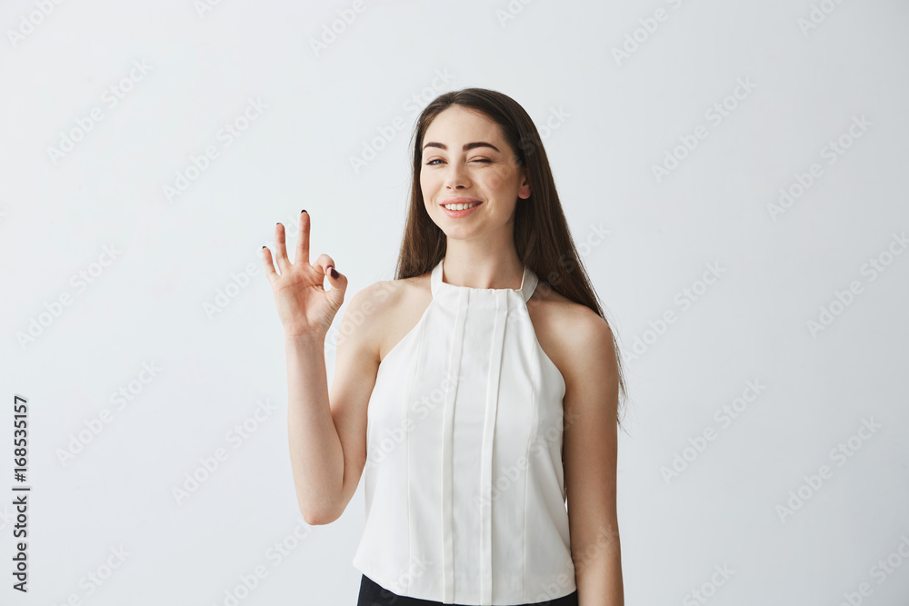 Portrait of young beautiful tender girl looking at camera winking smiling showing okay over white background. Portrait of young beautiful tender girl looking at camera winking smiling showing okay over white background.