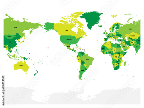 World map in four shades of green on white background. High detail America centered political map. Vector illustration with labeled compound path of each country.