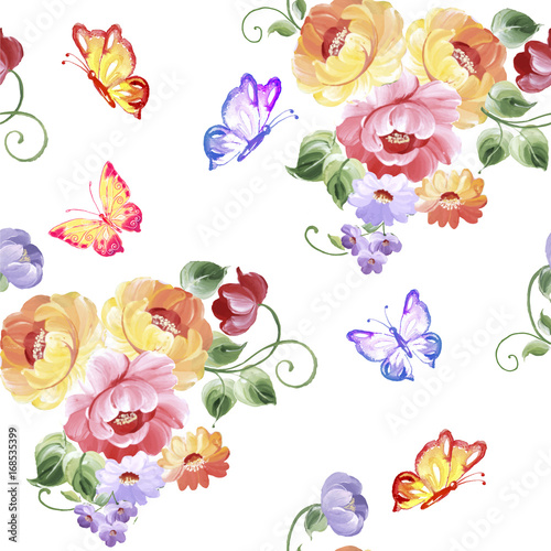 Fototapeta Naklejka Na Ścianę i Meble -  Summer Seamless Watercolor Pattern with bouquet flowers on a White Background. Peonies, roses, butterflies. Vector illustration