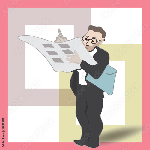 The man standing reads the newspaper and writes with pen.