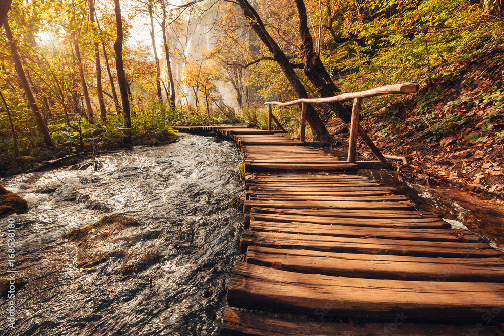 Fototapeta premium Drewniany most przez rzekę w sezonie jesiennym