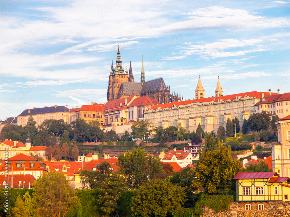 Sunny colorful morning in Prague. View of Prague Castle from Vltava river, Czech Republic.
