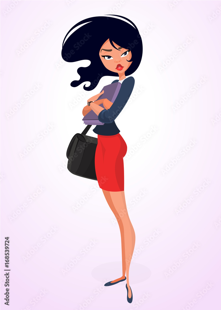 Business woman or teacher character with folder for papers and handbag posing. Vector. Cartoon woman in red dress and blue shirt. Character isolated Business woman or teacher character with folder for papers and handbag posing. Vector. Cartoon woman in red dress and blue shirt. Character isolated