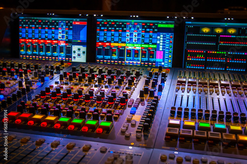 Mixer. Remote control for sound recording. Sound producer at the concert. Equipment for concerts.