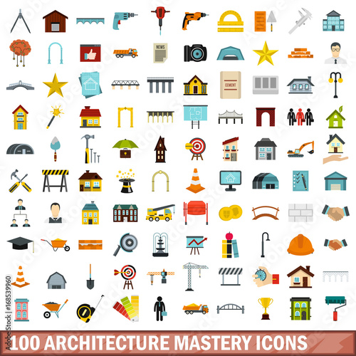 100 architecture mastery icons set, flat style
