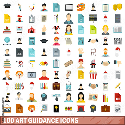 100 art guidance icons set, flat style photo