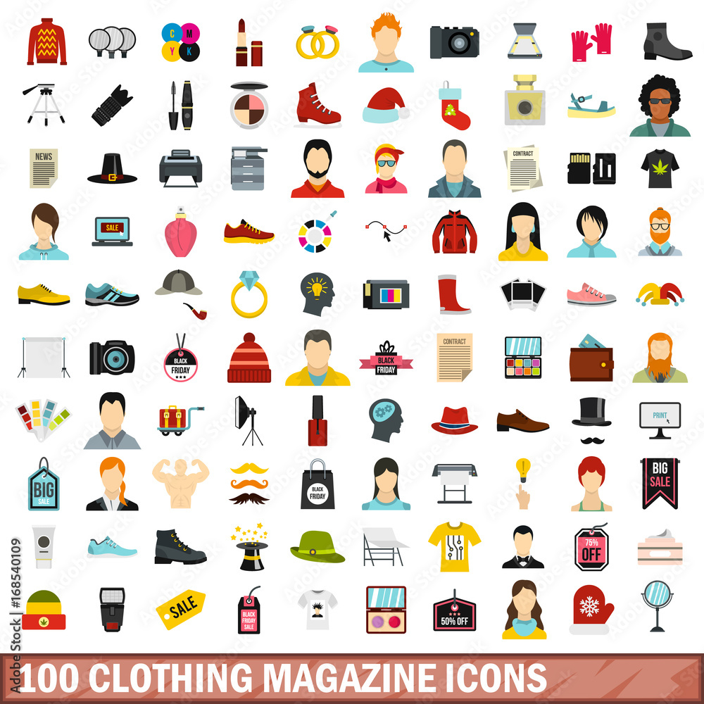 100 clothing magazine icons set, flat style 100 clothing magazine icons set, flat style