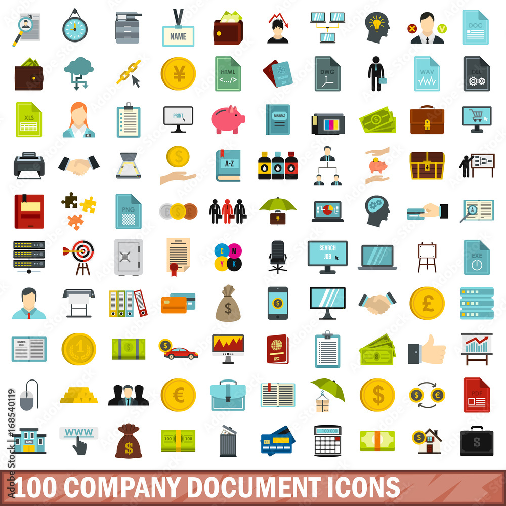 100 company document icons set, flat style 100 company document icons set, flat style