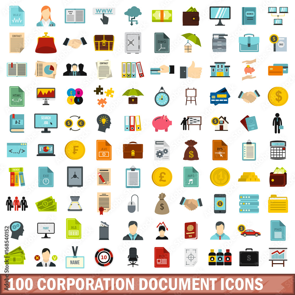 100 corporation document icons set, flat style
