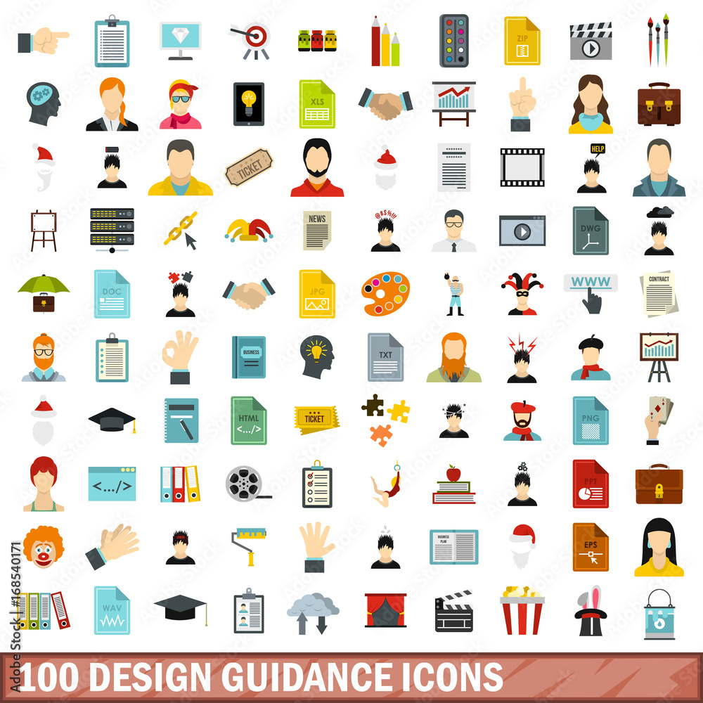 100 design guidance icons set, flat style 100 design guidance icons set, flat style