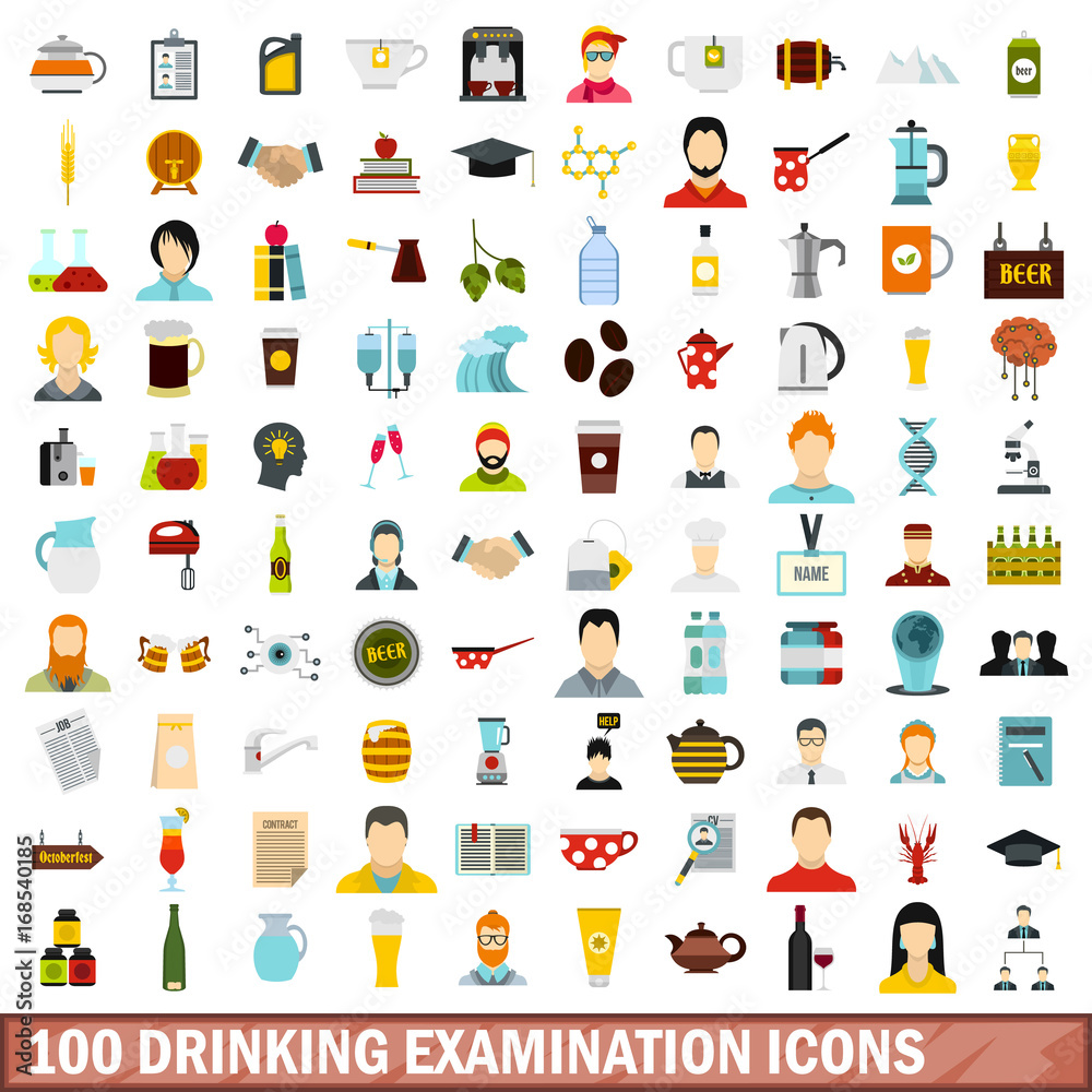 100 drinking examination icons set, flat style 100 drinking examination icons set, flat style