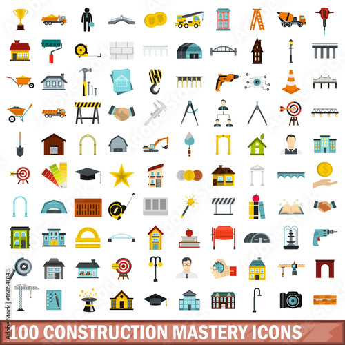 100 construction mastery icons set, flat style