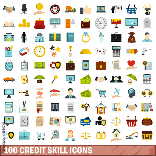 100 credit skill icons set, flat style