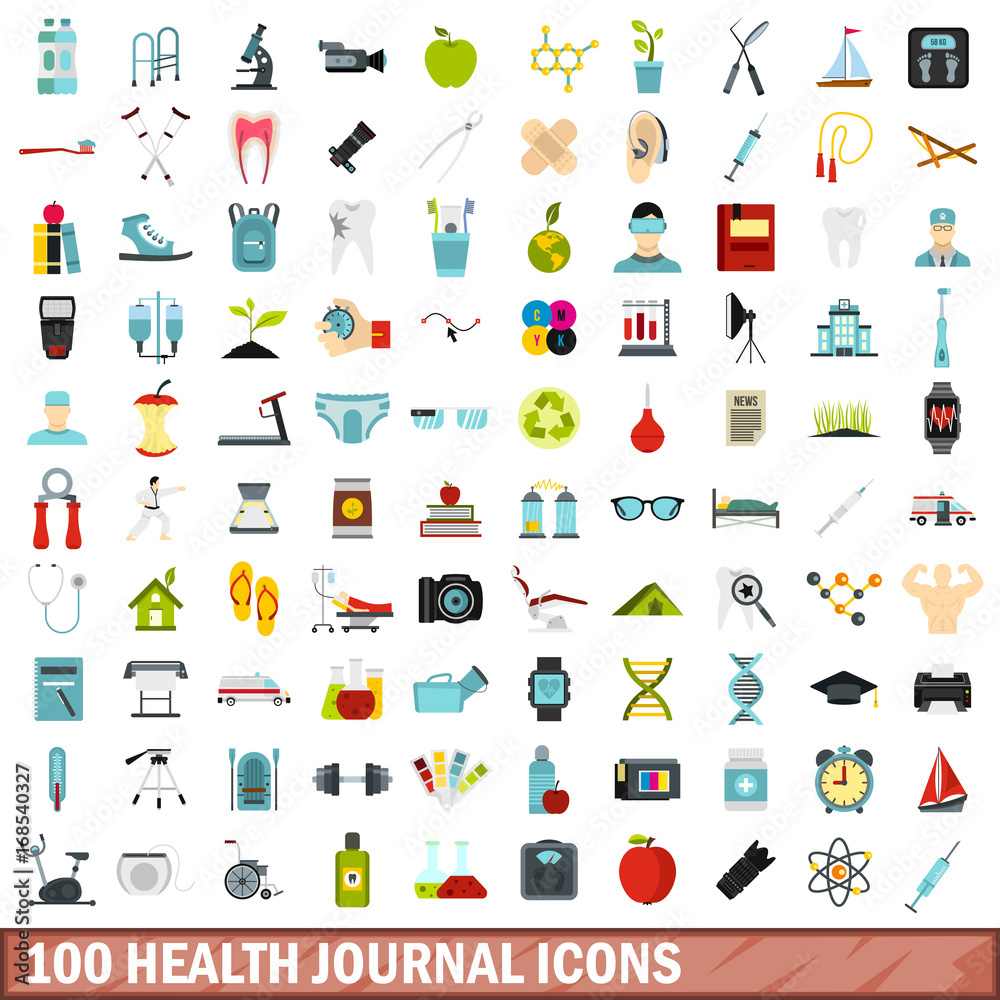 Naklejka premium 100 health journal icons set, flat style