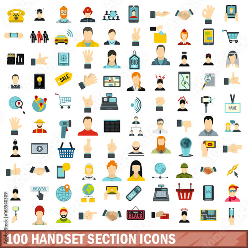 100 handset section icons set, flat style