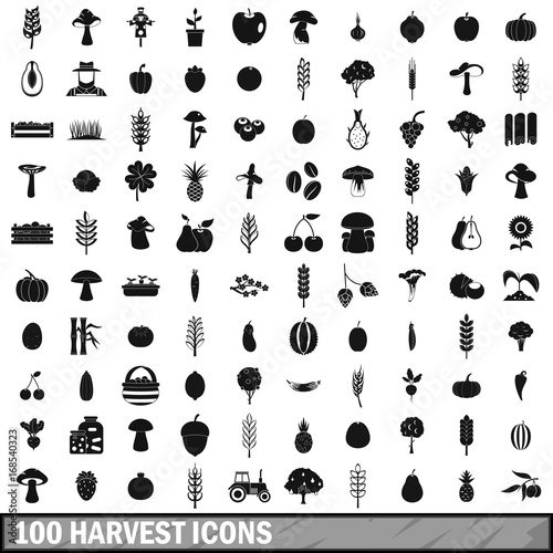 100 harvest icons set, simple style 