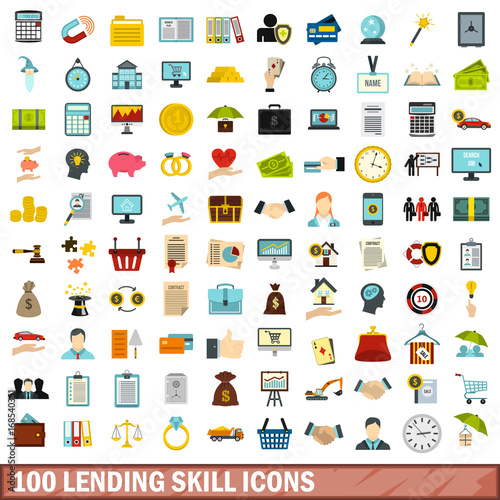 100 lending skill icons set, flat style