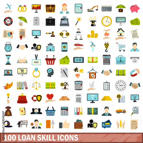 100 loan skill icons set, flat style