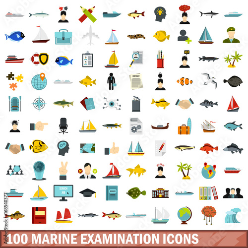 100 marine examination icons set, flat style