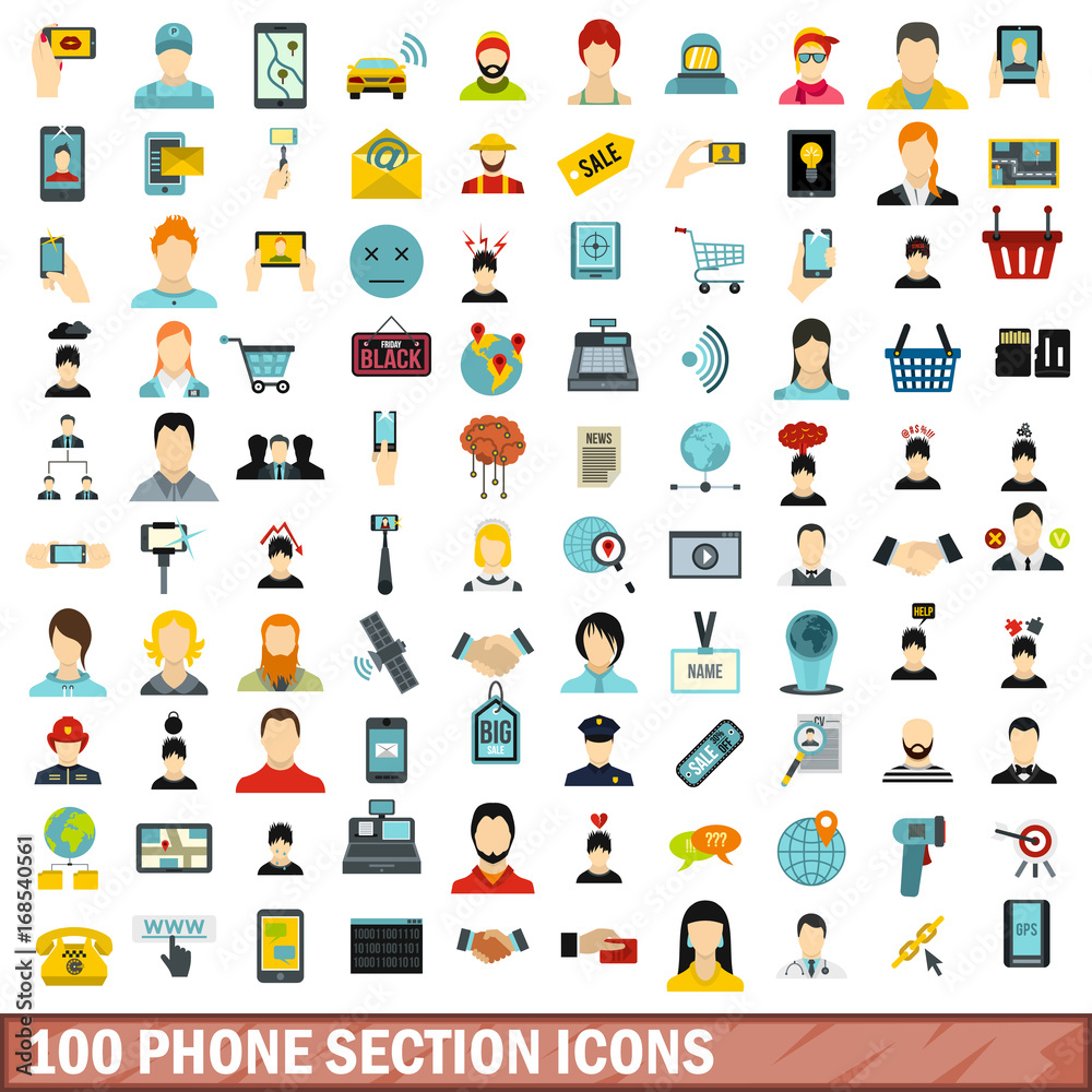 100 phone section icons set, flat style 100 phone section icons set, flat style