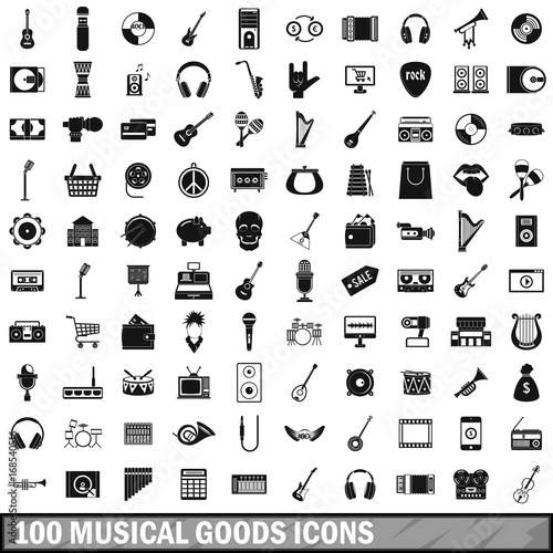 100 musical goods icons set, simple style 