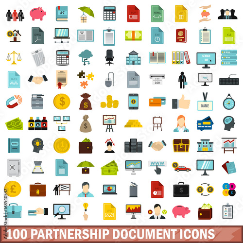 100 partnership document icons set, flat style