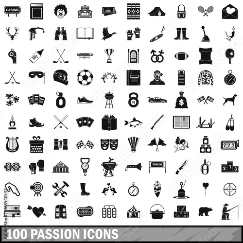 100 passion icons set, simple style 