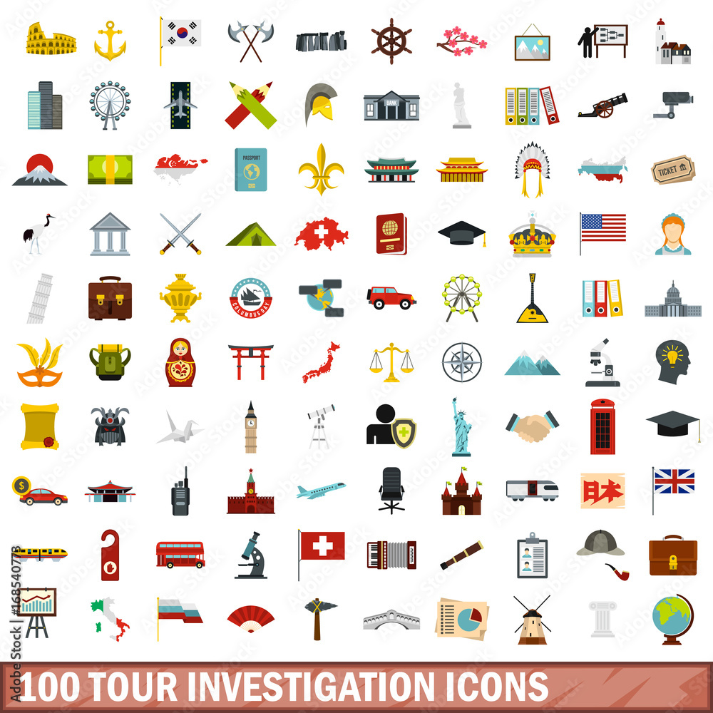 100 tour investigation icons set, flat style 100 tour investigation icons set, flat style