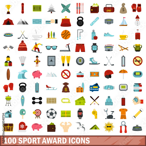 100 sport award icons set, flat style