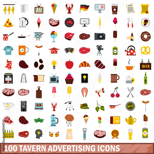 100 tavern advertising icons set, flat style