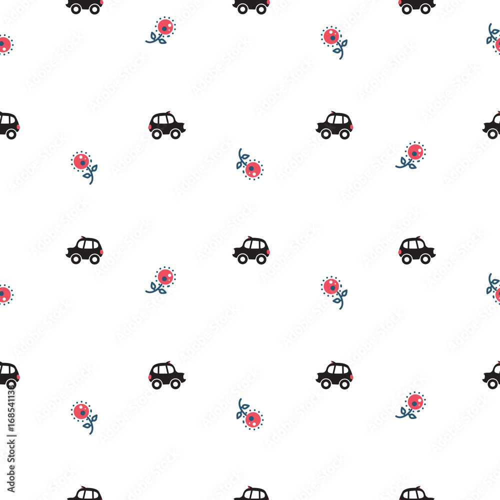 London cartoon cab cars and flowers seamless vector pattern. Traditional vehicles cute baby style for apparel and clothes.