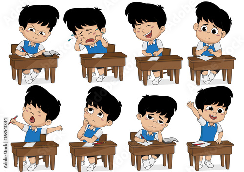 Set of different kid learning pose.Boy crying,laughing,sad,sleepy,thinking,boring,asking.