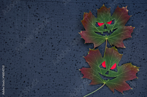 Dark halloween background - a face on an autumn maple leaf with red eyes. Copy space