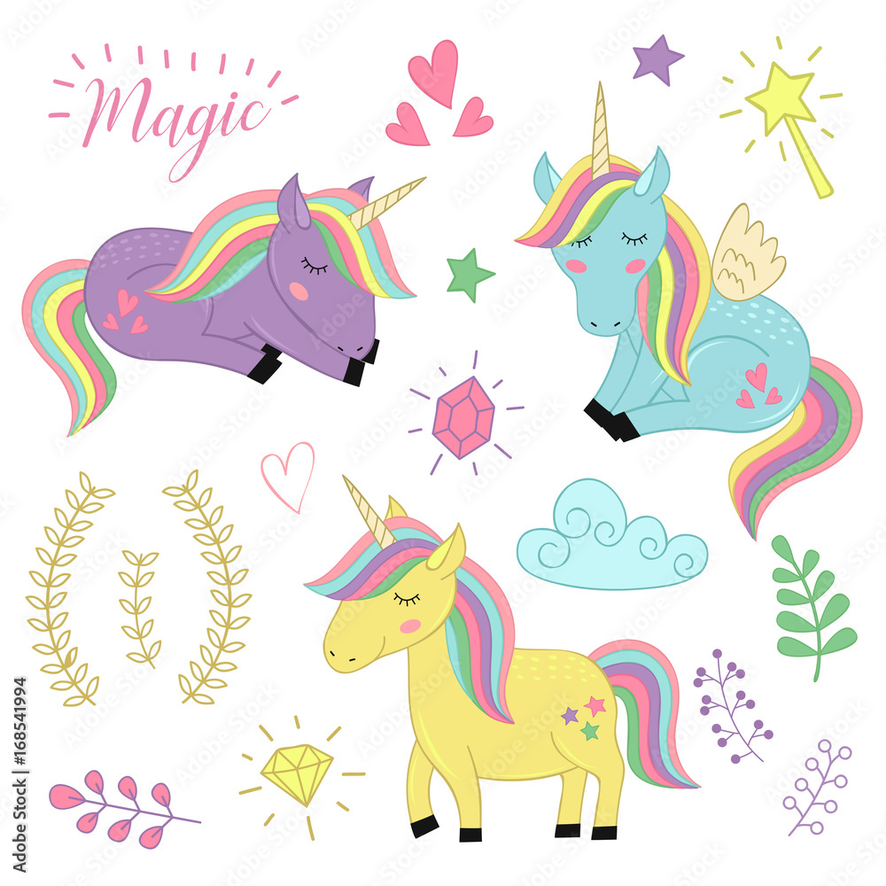 set of isolated unicorns and elements part 3 - vector illustration, eps ...