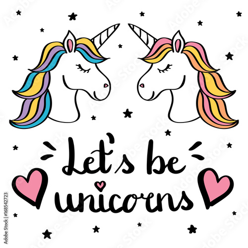 Let s be unicorns hand writing text with pair of unicorn drawing isolated on white