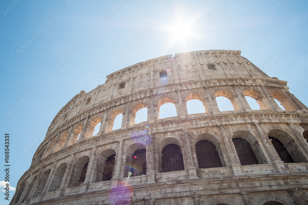 The Colosseum, an oval amphitheatre in the center of the city of Rome, Italy. It is the famous landmark built of concrete and sand.