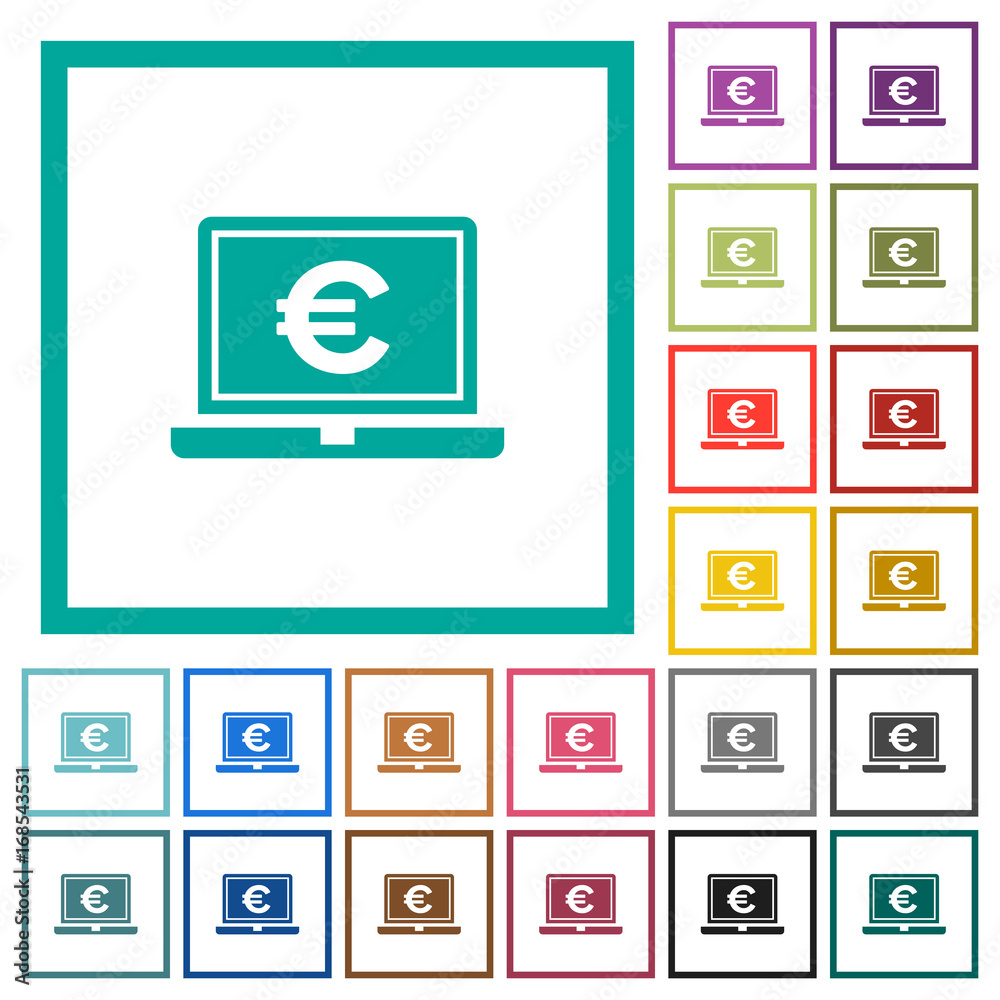 Laptop with Euro sign flat color icons with quadrant frames Laptop with Euro sign flat color icons with quadrant frames