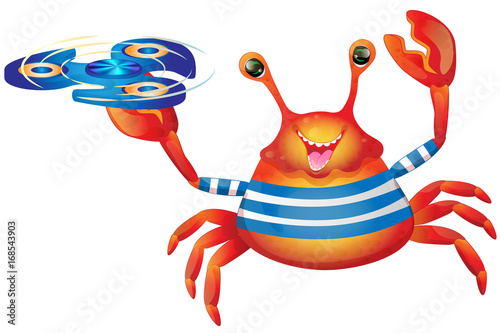 Cartoon cute cheerful crab playing with spinner