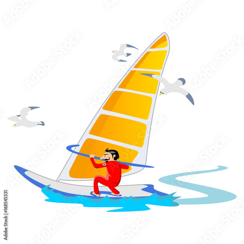 Windsurfing water extreme sports, isolated design element for summer vacation activity concept, cartoon wave surfing, sea beach vector illustration, active lifestyle adventure