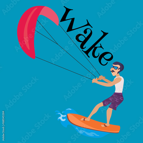 kitesurfing water extreme sports, isolated design element for summer vacation activity concept, cartoon wave surfing, sea beach vector illustration, active lifestyle adventure
