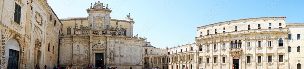 Panoramic view of Piazza del Duomo square with Lecce Cathedral and Museo diocesano d'arte sacra museum in Lecce, Italy
