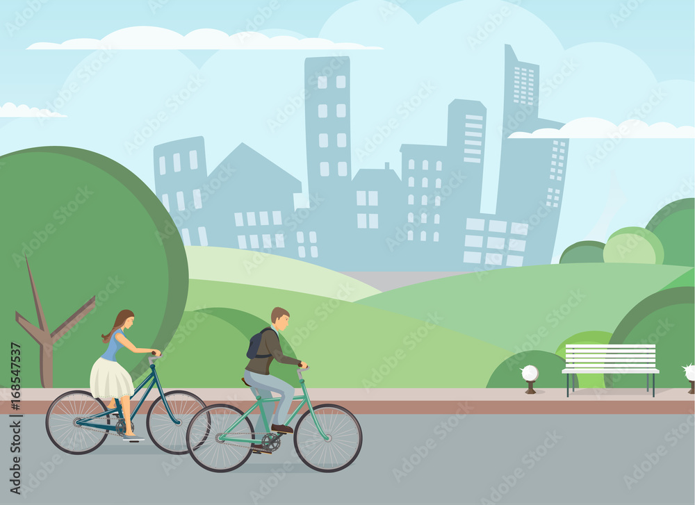 Naklejka premium The icon of cyclists. The pair is riding the bike. The man and woman is riding the bike. City biking. Person rides bike. The elements of transport infrastructure. The concept of active life. 