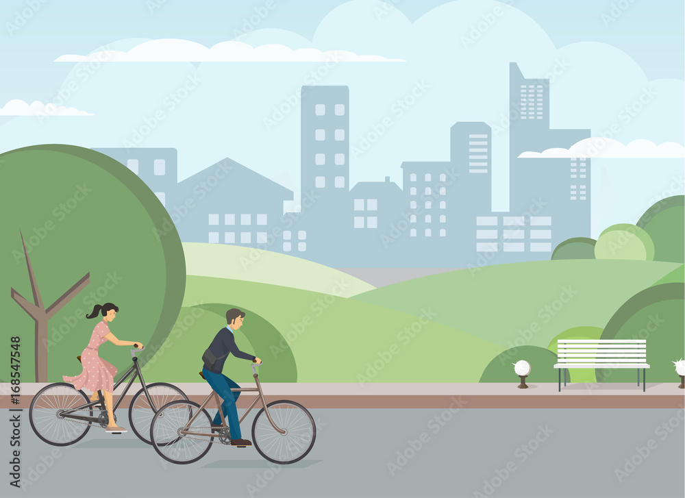 Naklejka premium The icon of cyclists. The pair is riding the bike. The man and woman is riding the bike. City biking. Person rides bike. The elements of transport infrastructure. The concept of active life. 