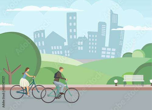The icon of cyclists. The pair is riding the bike. The man and woman is riding the bike.  City biking. Person rides bike. The elements of transport infrastructure. The concept of active life.
